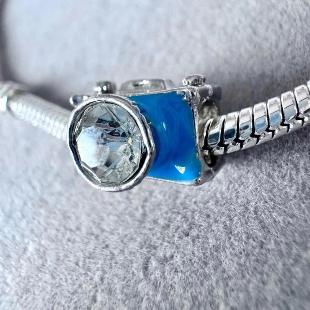 Camera Charm Blue Enamel‎ Crystal Lens Silver Tone Photography Bead fits PANDORA